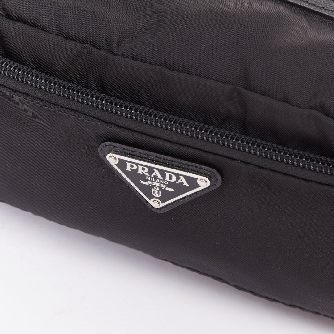 PRADA Re-Nylon saffiano leather  black silver triangle logo travel pouch case