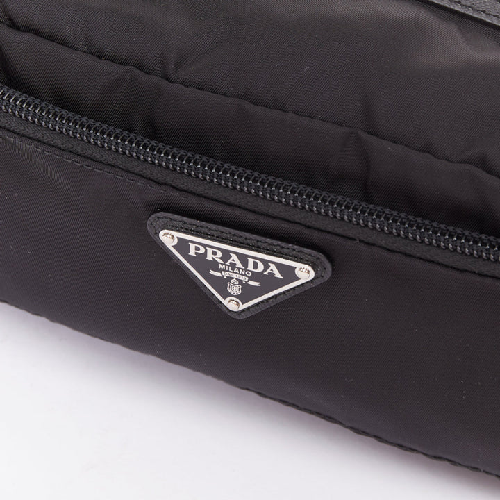 PRADA Re-Nylon saffiano leather  black silver triangle logo travel pouch case