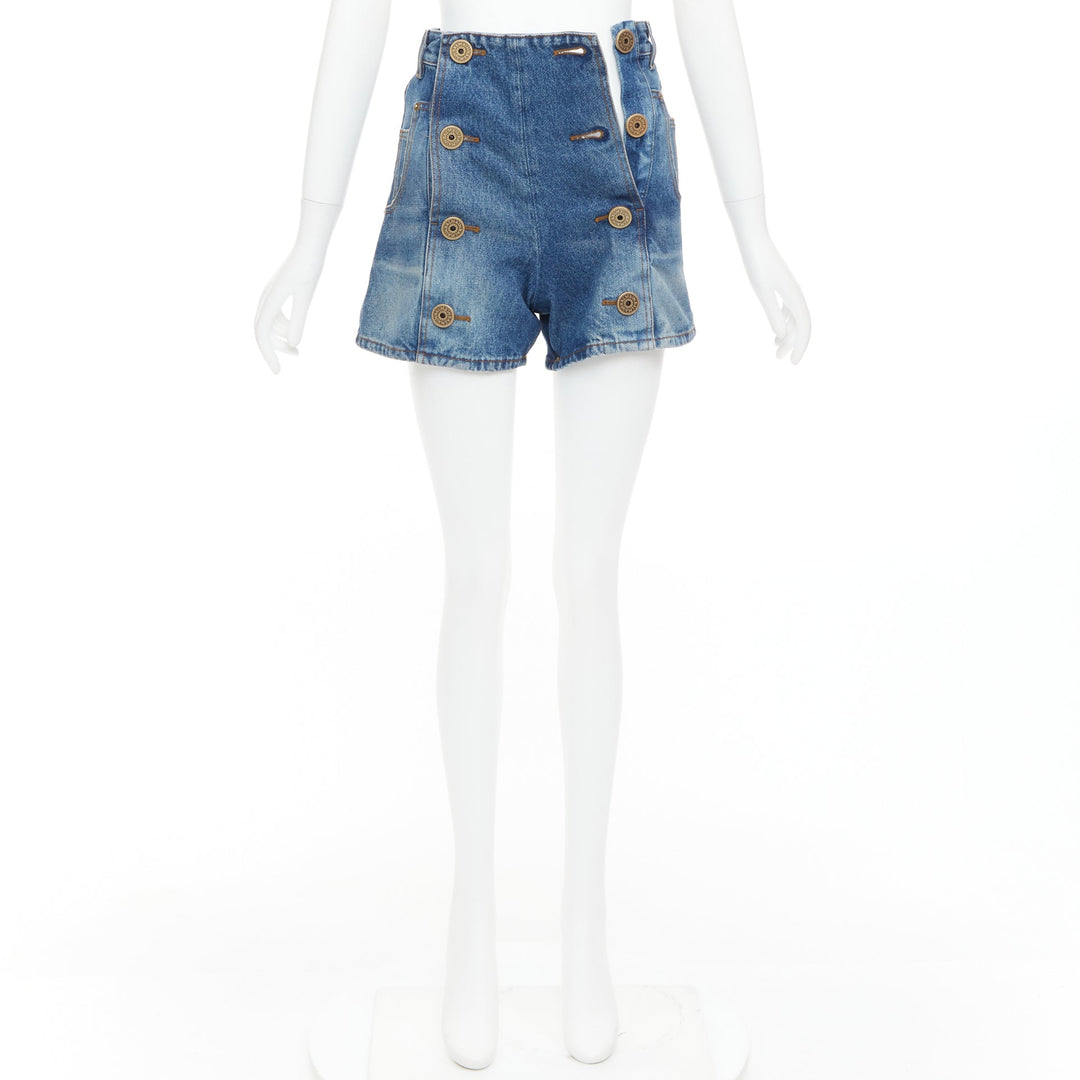 BALMAIN blue washed bronze logo buttons high waisted denim shorts FR34 XS