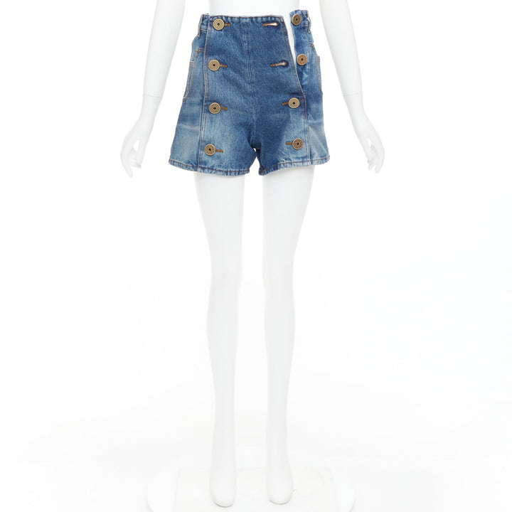 BALMAIN blue washed bronze logo buttons high waisted denim shorts FR34 XS