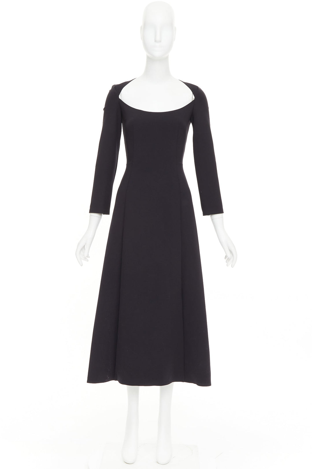THE ROW Cadiz black wide scoop cut out neck long sleeve fit flare midi dress XS