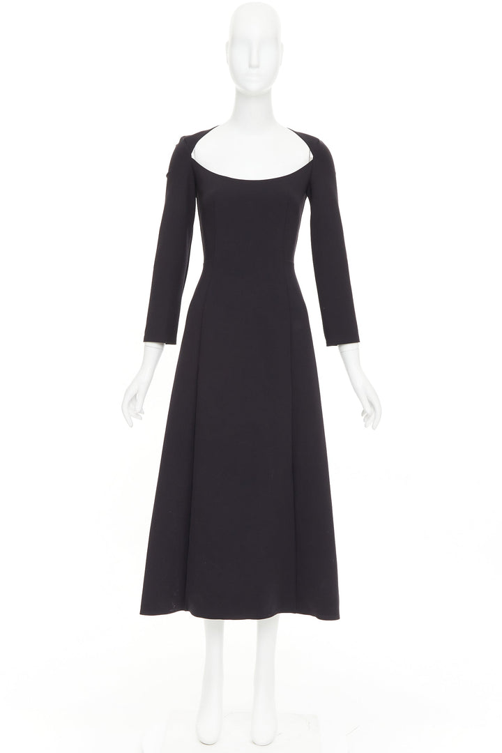 THE ROW Cadiz black wide scoop cut out neck long sleeve fit flare midi dress XS
