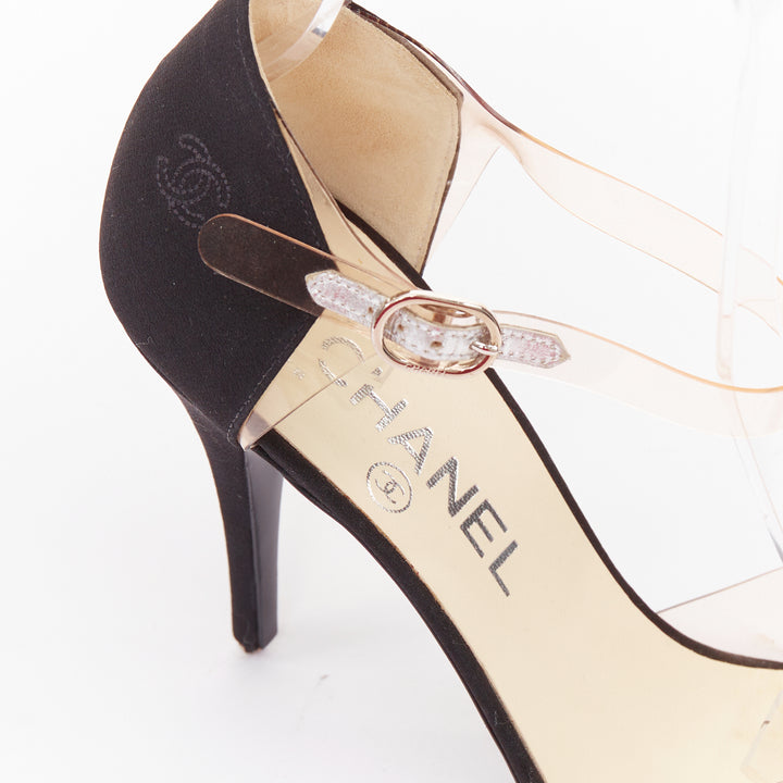 CHANEL 2013 Runway black satin clear PVC plexi CC logo cap toe pump EU38.5