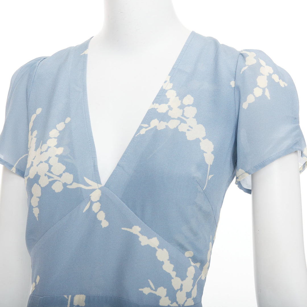 REALISATION Luella 100% silk light blue cream floral print V neck sundress XS