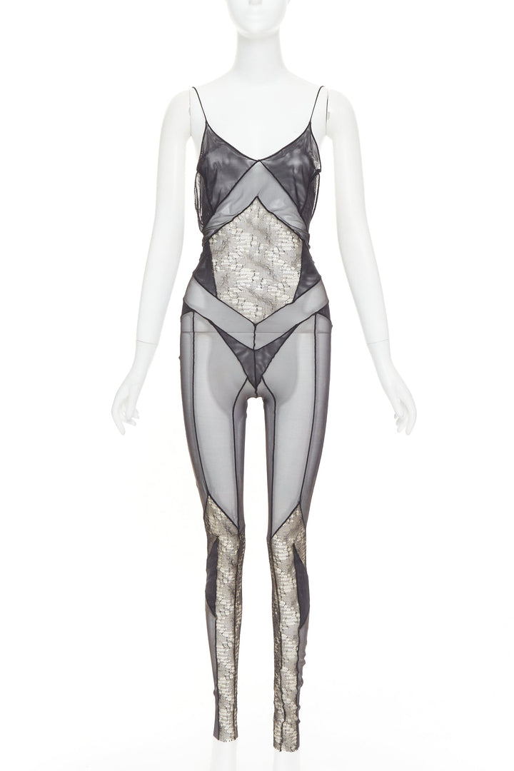 rare ALEXANDRE VAUTHIER COUTURE SS2014 Runway black lace panelled sheer catsuit