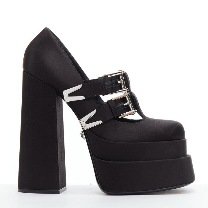 VERSACE Runway Aevitas 155 black satin bondage buckle double platform EU38