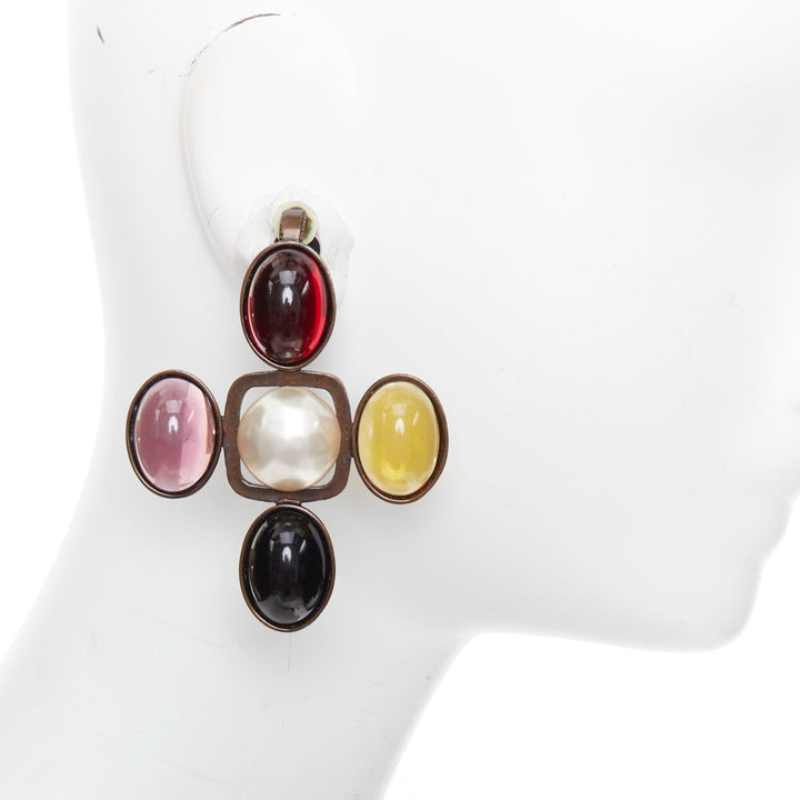 rare SAINT LAURENT Runway Resin Cabochon Cross aged bronze clip earrings Pair