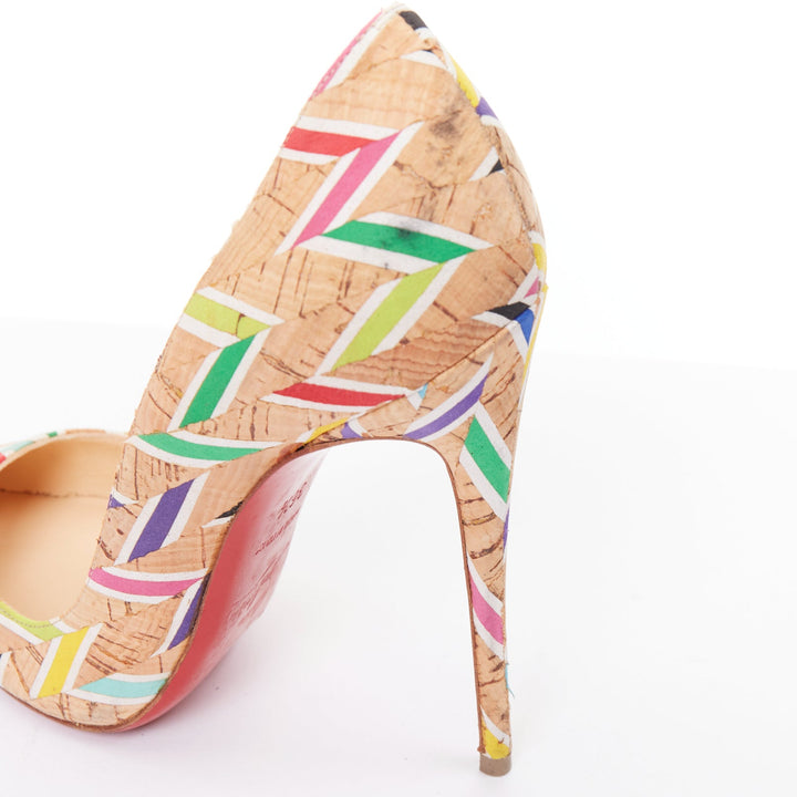 CHRISTIAN LOUBOUTIN So Kate Cork Chevron beige colourful calfskin pumps EU36.5