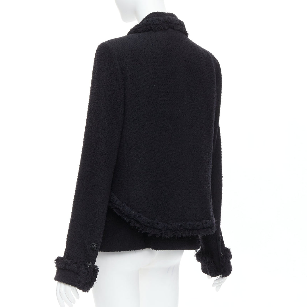 CHANEL 08A Runway black tweed braided fringe tromp loeil 4 pocket jacket FR46