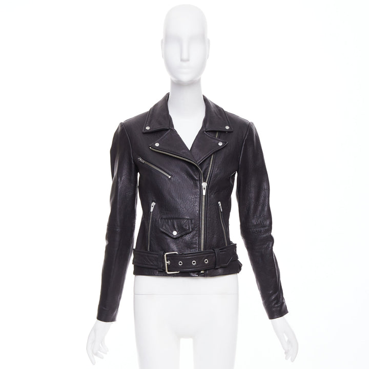 VEDA black lamb leather silver hardware zip moto biker jacket XS