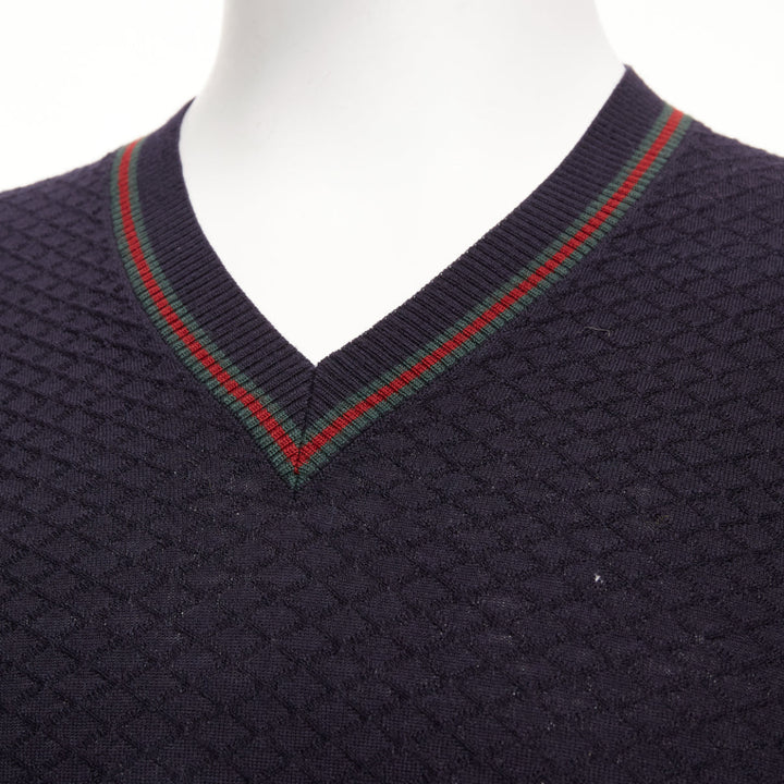GUCCI navy 100% wool green red web v neck long sleeve sweater M