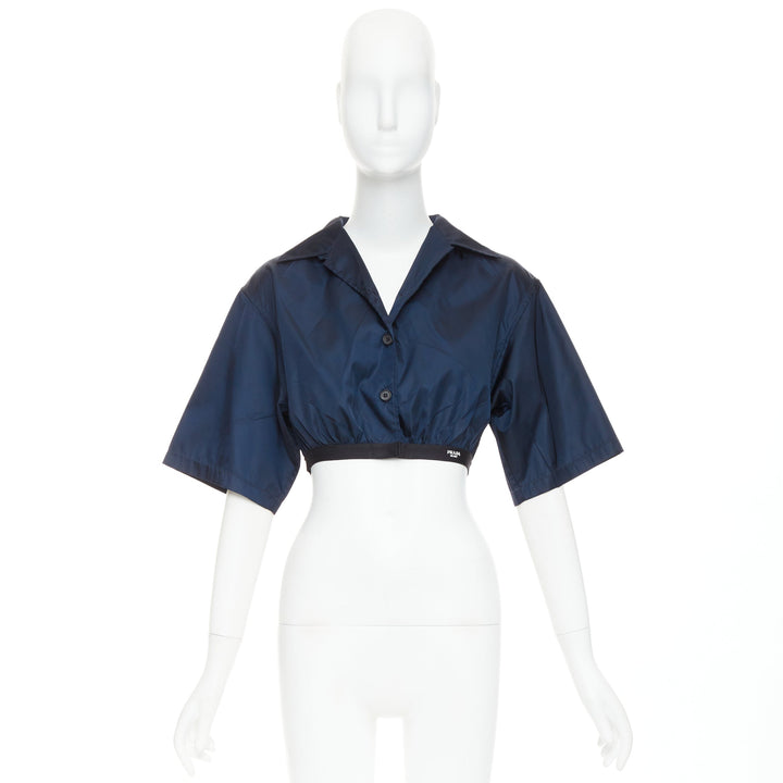PRADA 2022 Re-Nylon navy blue white logo cropped boxy shirt IT38 XS