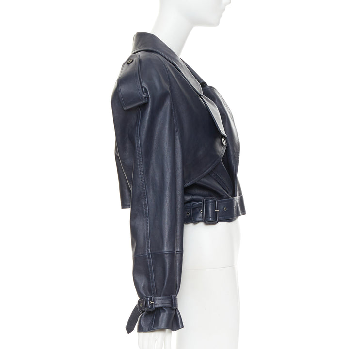 SAINT LAURENT 2023 Runway navy blue lambskin Power belted cropped biker jacket