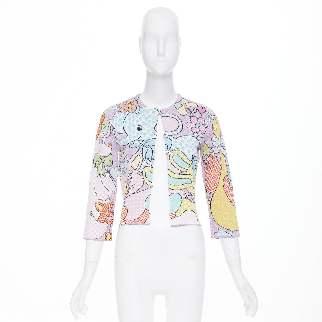 MOSCHINO 2022 Runway Calico Animals lilac blue pink cartoon knit cardigan IT36