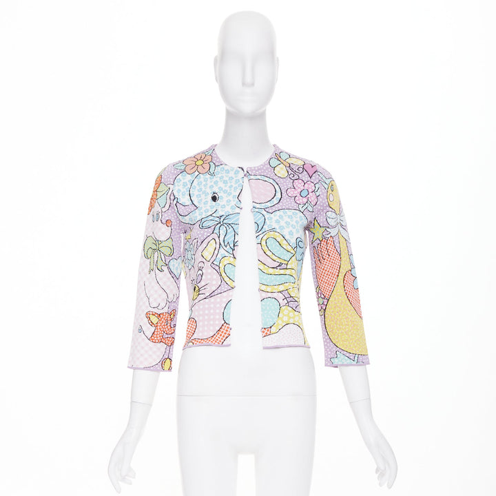 MOSCHINO 2022 Runway Calico Animals lilac blue pink cartoon knit cardigan IT36