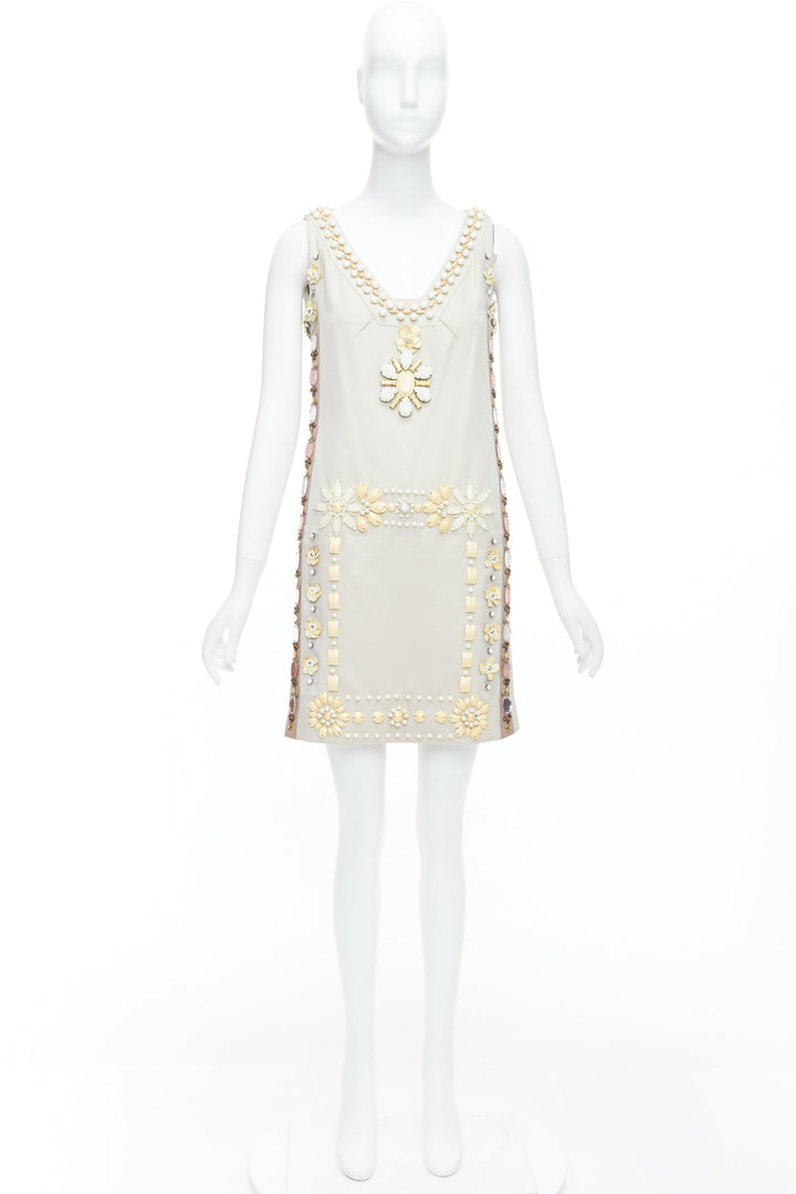 LANVIN BLANCHE beige cream heavily embellished bridal shift dress FR36 S