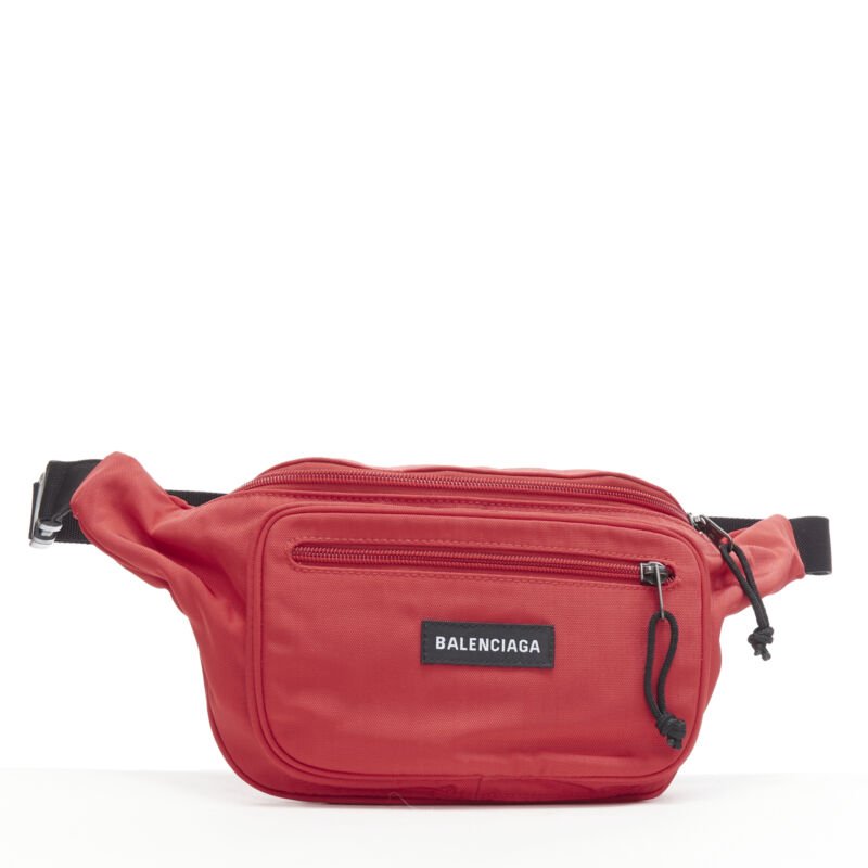BALENCIAGA DEMNA red logo dual pocket nylon black waist belt crossbody bag
