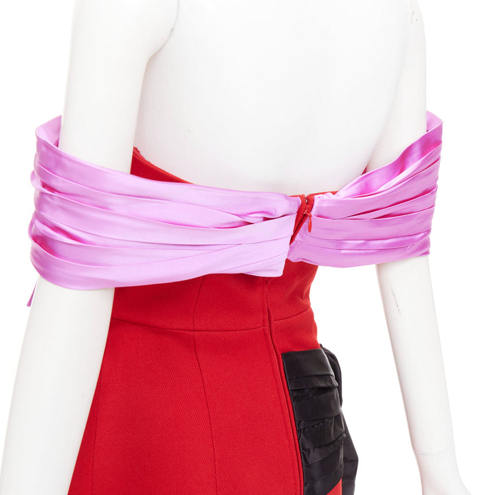 PRADA 2018 red pink black virgin wool satin sash bustier dress IT38 XS