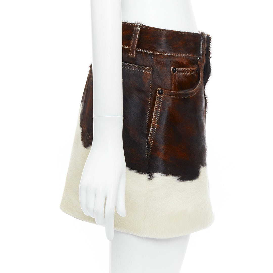 SAINT LAURENT 2018 brown white real calf hair silk lined mini skirt FR38 M