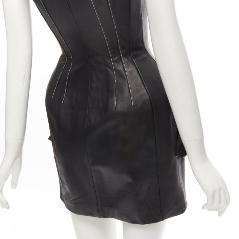 DAVID KOMA black lamb leather white overstitch padded hip dress UK6 XS