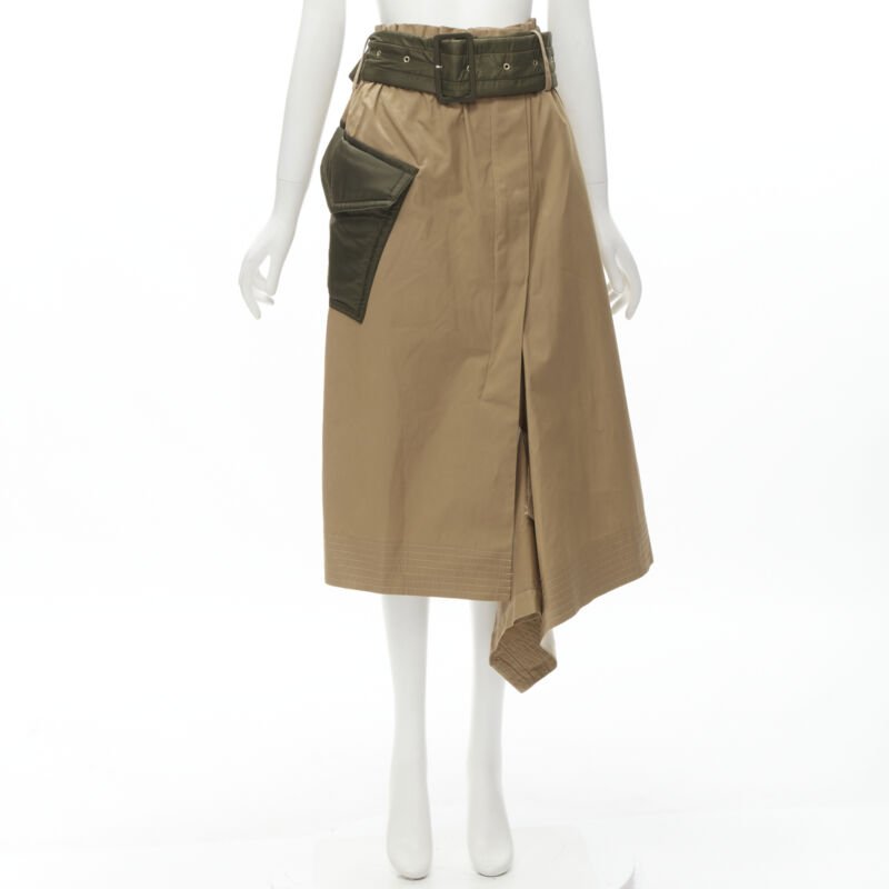 SACAI 2019 khaki brown semi detached hem padded nylon pocket belted skirt JP2 M