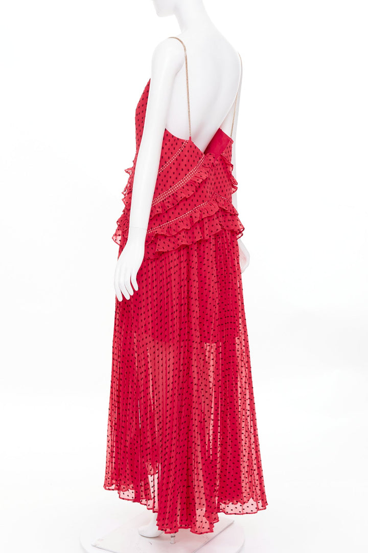 SELF PORTRAIT fuchsia red plumetis polka dot pleated tiered ruffle dress UK14