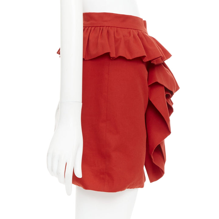 LOU LOU red cotton twill ruffle front high waisted mini skirt XS