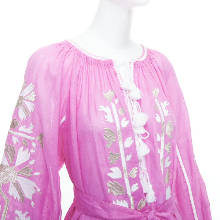 MARCH 11 100% linen pink white silver cotton embroidery boho dress S