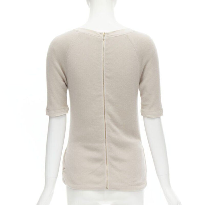 CHLOE Perle beige cashmere silk gold zip back short sleeve sweater S