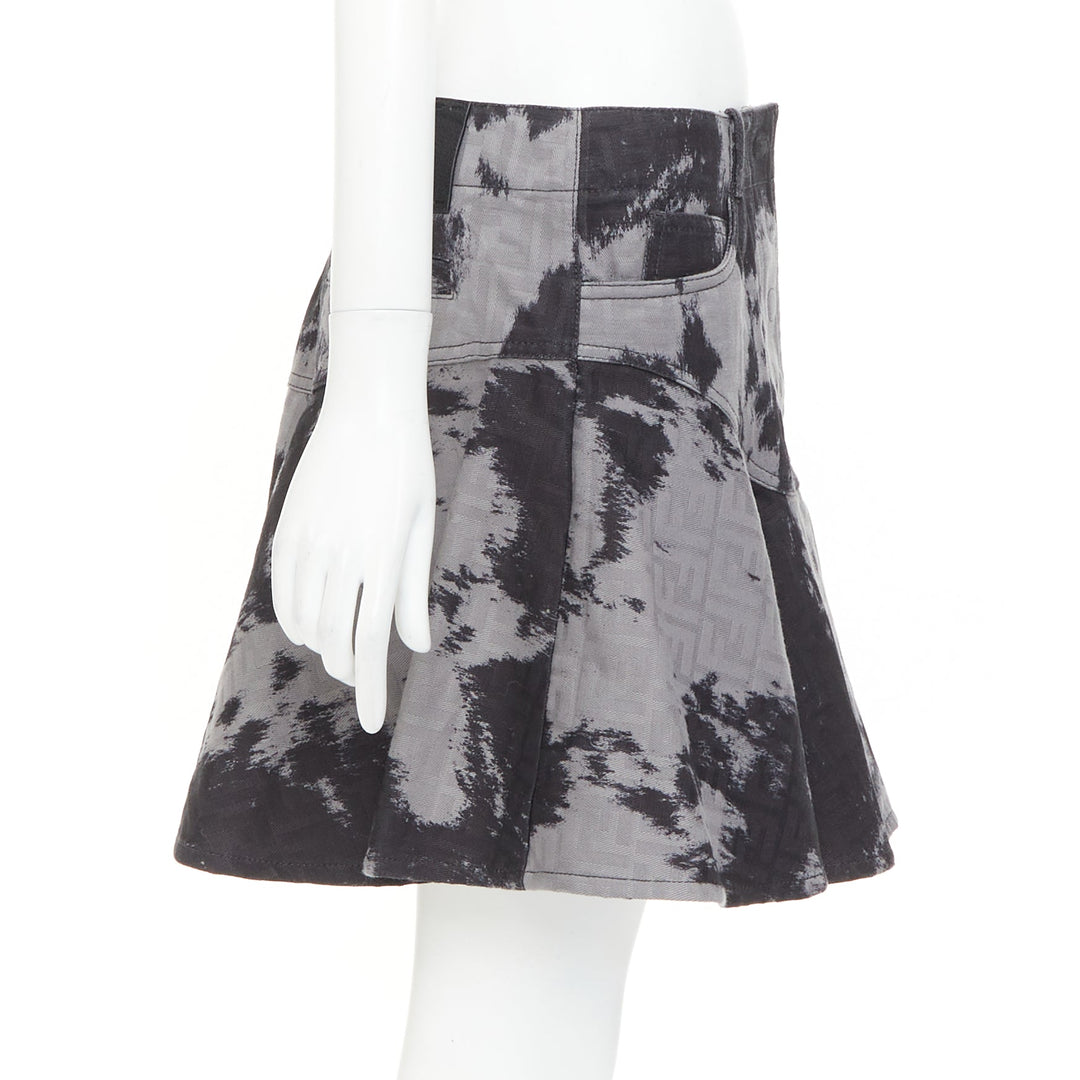 FENDI Five-Pocket black grey cotton FF Monogram tie dye denim flared skirt IT42