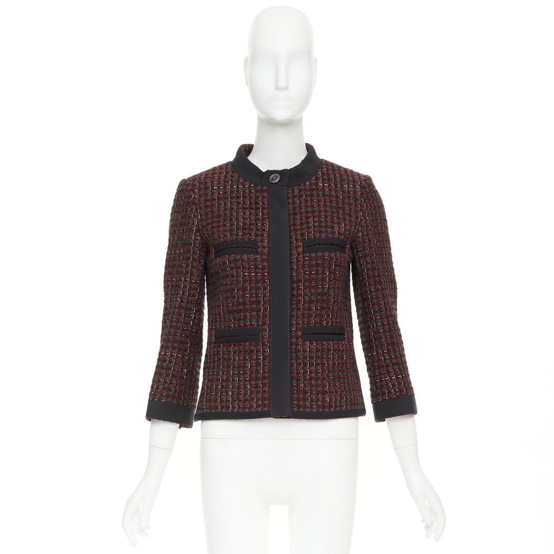CHANEL 15A Runway burgundy green wool tweed 4 pocket jacket FR36 S