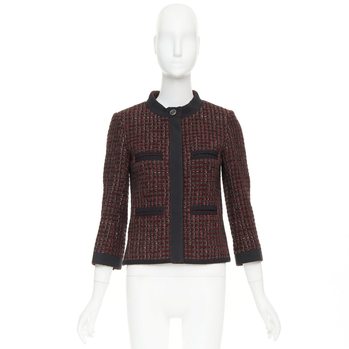 CHANEL 15A Runway burgundy green wool tweed 4 pocket jacket FR36 S