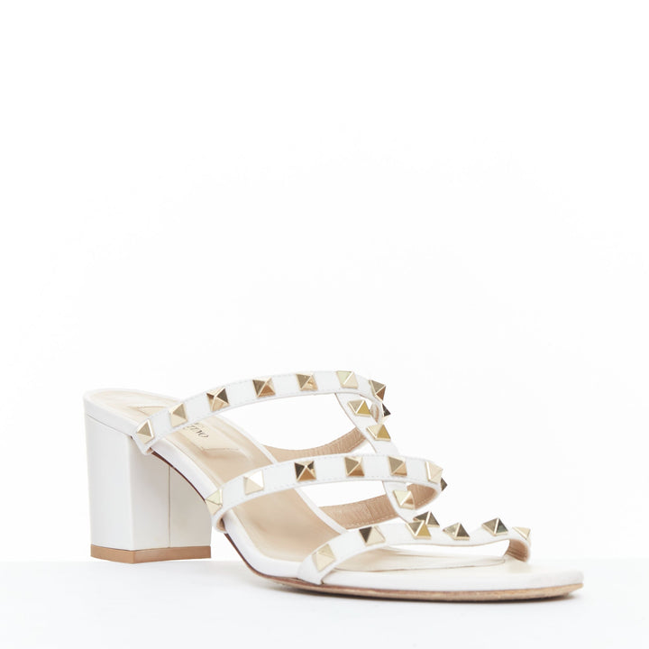 VALENTINO Rockstud 60 white leather gold stud caged block sandals EU39