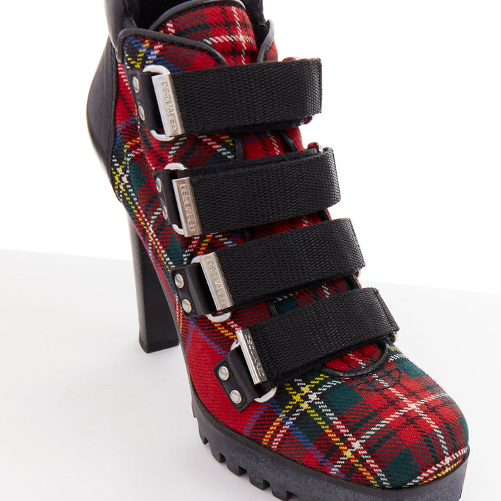 rare DSQUARED2 Vintage red tartan wool punk buckle ankle booties EU36