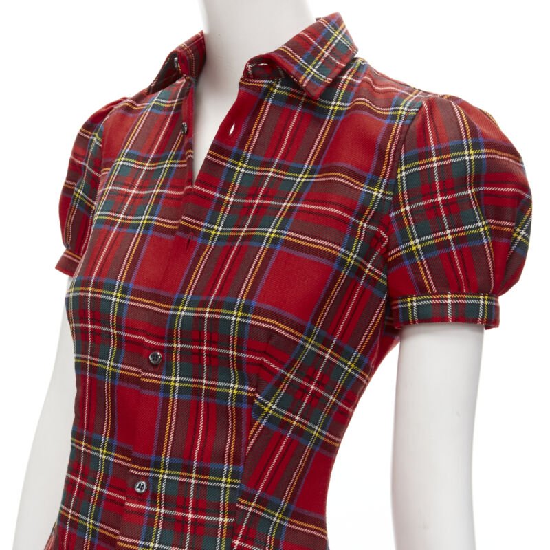 DSQUARED2 red punk plaid puff sleeve contour seam fitted shirt XS