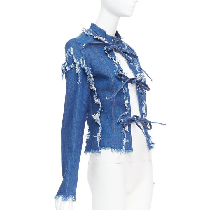 LADO BAKUCHAVA blue distressed shredded denim tie front jacket XS