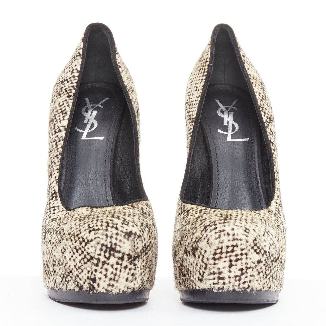 YVES SAINT LAURENT Tribtoo 105 cream black calf hair platform pumps EU39.5