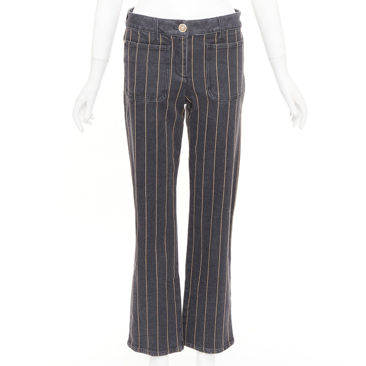 CHANEL washed dark gray gold chain trim bronze cc button straight jeans FR38 M
