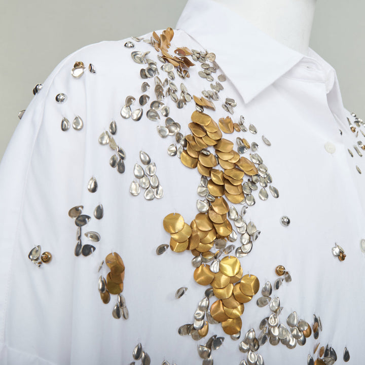 DRIES VAN NOTEN 2024 Casia white gold sequin bead embellished cotton shirt M