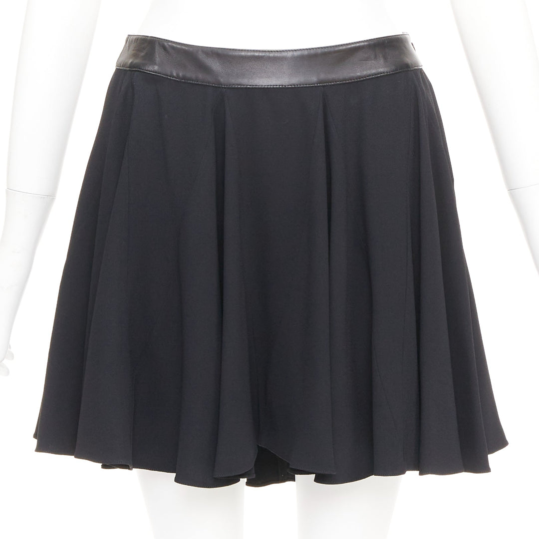 SAINT LAURENT 2012 black leather trim waist acetate mini flutter skirt FR36 S