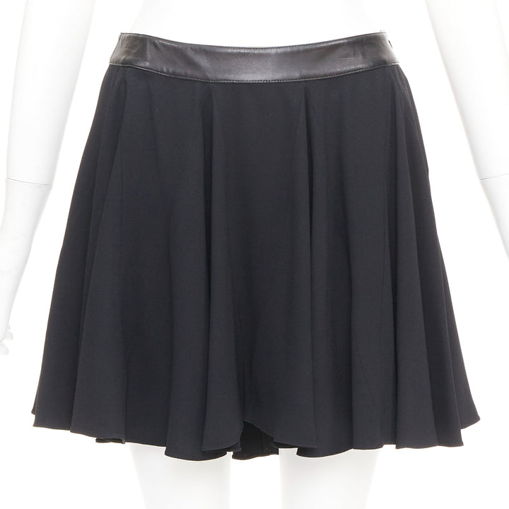 SAINT LAURENT 2012 black leather trim waist acetate mini flutter skirt FR36 S