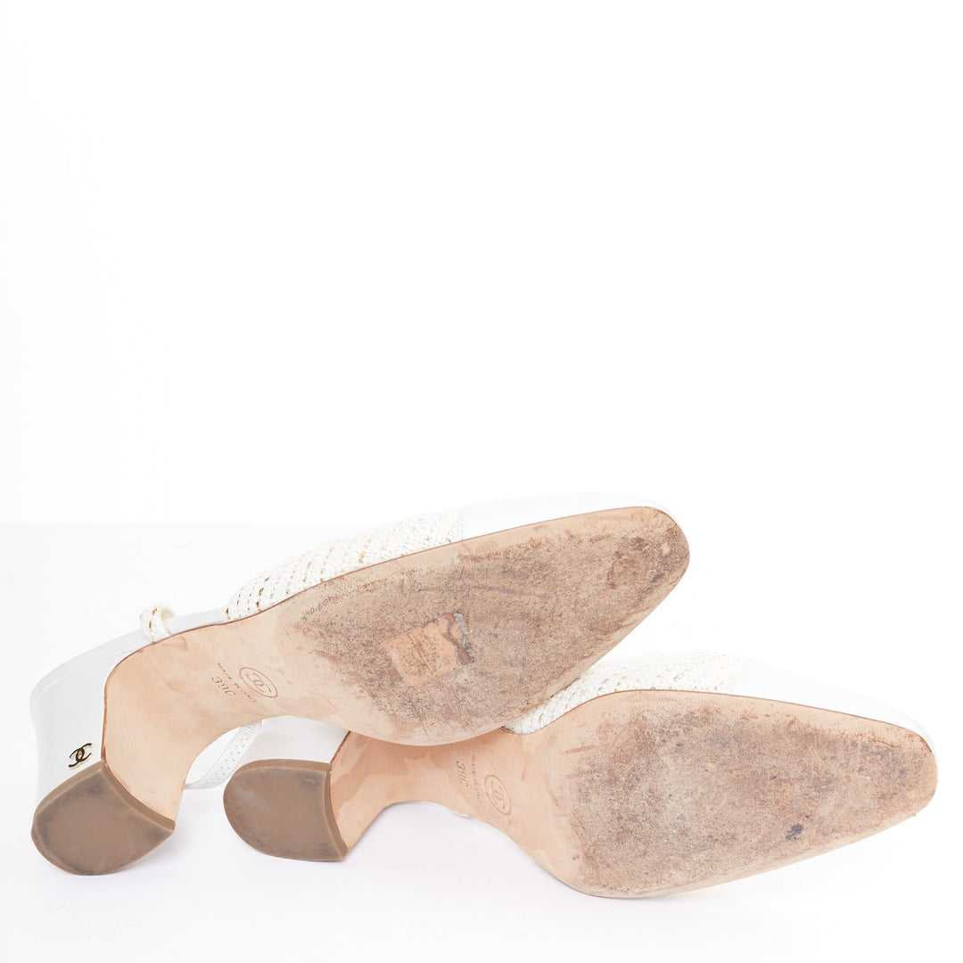 CHANEL white silver gold metallic tweed CC logo block slingback pumps EU39