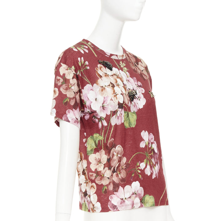 GUCCi Blooms burgundy pink floral print cotton Embellished insect t-shirt M