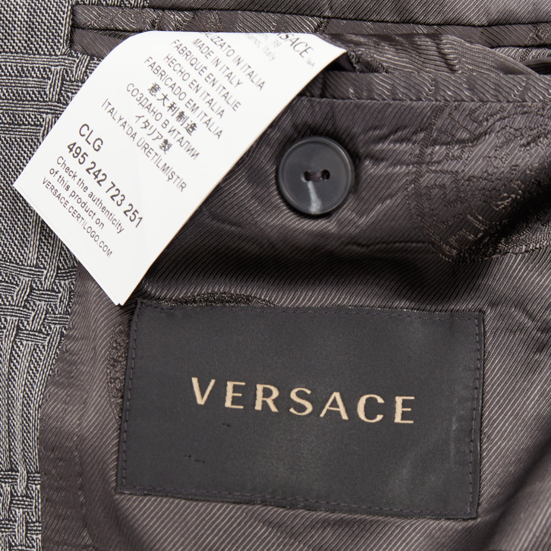VERSACE grey wool silk blend plaid checked 2 button notched lapel blazer EU50 L