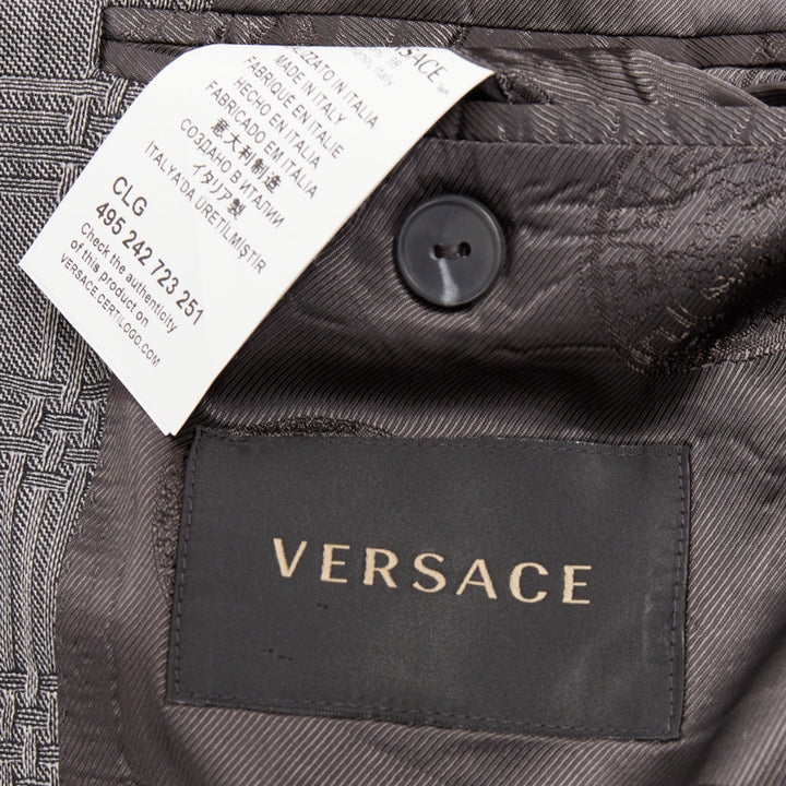 VERSACE grey wool silk blend plaid checked 2 button notched lapel blazer EU50 L