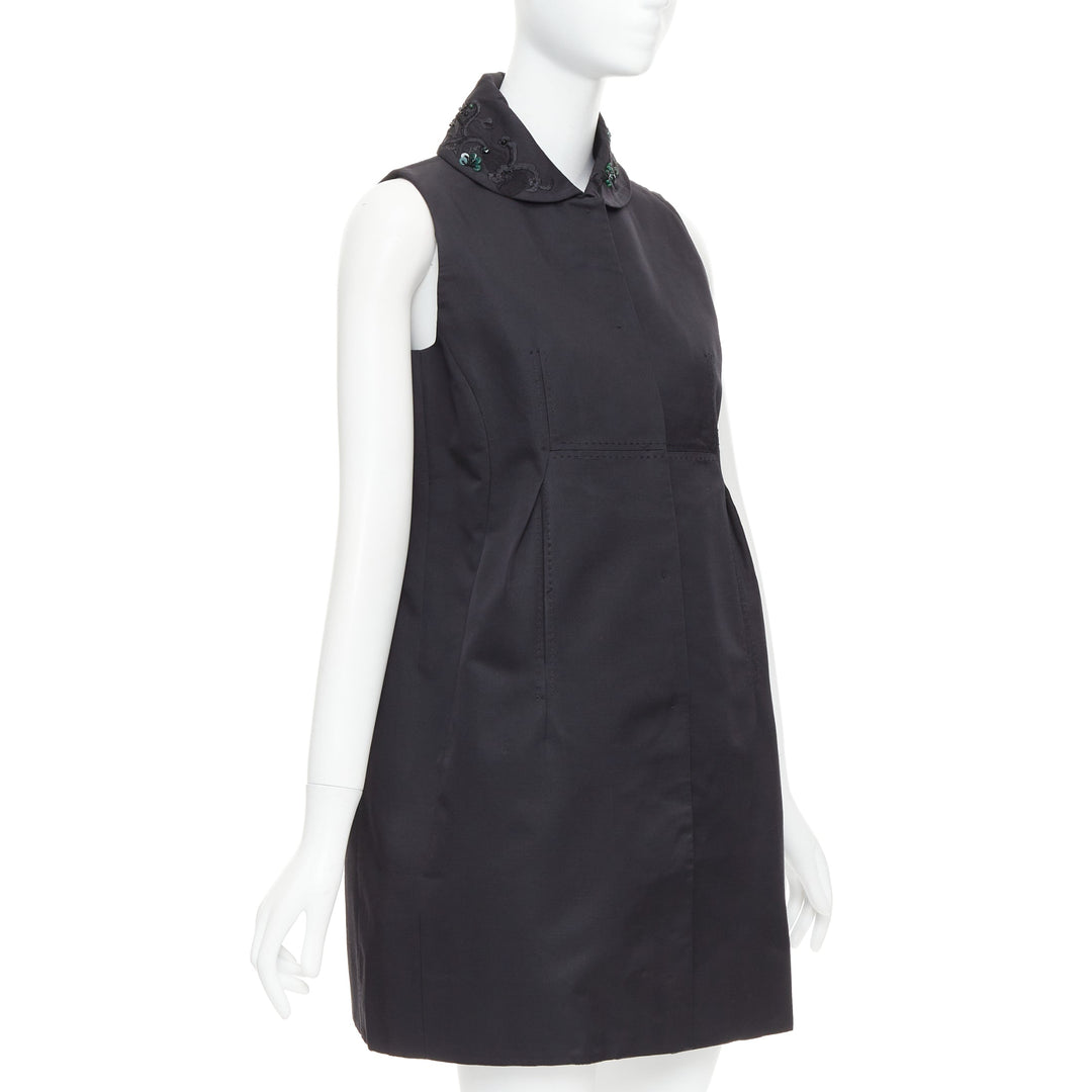 SHIATZY CHEN black wool silk green faux jade embellished long vest IT42 M