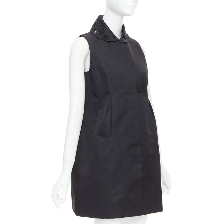 SHIATZY CHEN black wool silk green faux jade embellished long vest IT42 M