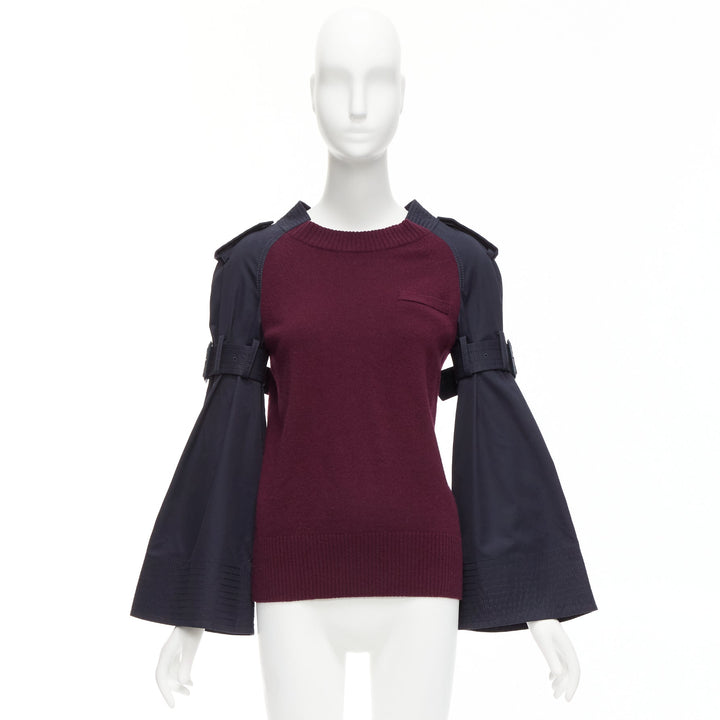 SACAI burgundy knit navy woven contrast bell sleeve reconstructed sweater