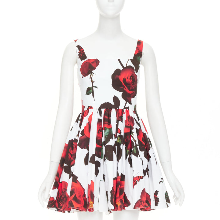 ALEXANDER MCQUEEN 2024 Tudor Rose print cotton poplin skater mini dress IT38 XS