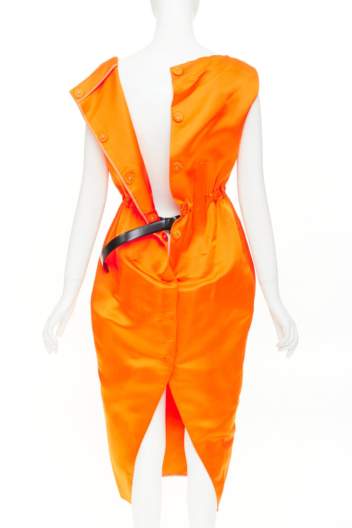PRADA 2022 Runway orange satin triangle patch internal belt undone dress IT42